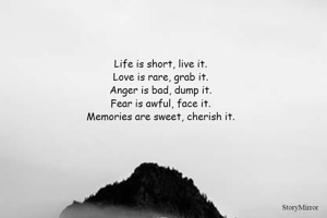 Life is short, live it.
Love is rare, grab it.
Anger is bad, dump it.
Fear is awful, face it.
Memories are sweet, cherish it.
