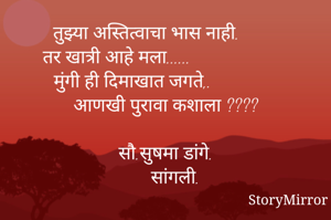 तुझ्या अस्तित्वाचा भास नाही.     
तर खात्री आहे मला......                   
मुंगी ही दिमाखात जगते,.              
आणखी पुरावा कशाला ????

सौ.सुषमा डांगे.
    सांगली.