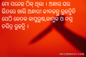 ମୋ ସନ୍ଦେହ ଠିକ୍ ଥିଲା । ଅନ୍ଧାର ଘର ଭିତରେ ଖାଲି ଅନ୍ଧାରୀ ଜୀବଜନ୍ତୁ ରୁହନ୍ତିନି ସେଠି କେତକ କାପୁରୁଷ,କାମୁକ ଓ ନଗ୍ନ ଚରିତ୍ର ରୁହନ୍ତି ।
