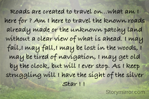 Roads are created to travel on...what am I here for ? Am I here to travel the known roads already made or the unknown patchy land without a clear view of what is ahead. I may fail,I may fall,I may be lost in the woods, I may be tired of navigation, I may get old by the clock, but will I ever stop. As I keep struggling will I have the sight of the silver Star ! ! 