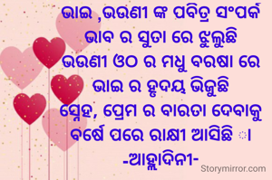 ଭାଇ ,ଭଉଣୀ ଙ୍କ ପବିତ୍ର ସଂପର୍କ
ଭାବ ର ସୁତା ରେ ଝୁଲୁଛି
ଭଉଣୀ ଓଠ ର ମଧୁ ବରଷା ରେ
ଭାଇ ର ହୃଦୟ ଭିଜୁଛି
ସ୍ନେହ, ପ୍ରେମ ର ବାରତା ଦେବାକୁ
ବର୍ଷେ ପରେ ରାକ୍ଷୀ ଆସିଛି ା
-ଆହ୍ଲାଦିନୀ-