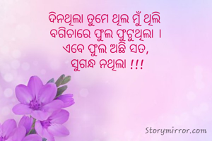 ଦିନଥିଲା ତୁମେ ଥିଲ ମୁଁ ଥିଲି 
ବଗିଚାରେ ଫୁଲ ଫୁଟୁଥିଲା ।
ଏବେ ଫୁଲ ଅଛି ସତ,
 ସୁଗନ୍ଧ ନଥିଲା !!!