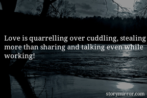 Love is quarrelling over cuddling, stealing more than sharing and talking even while working! 