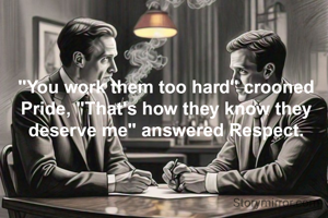 "You work them too hard" crooned Pride, "That's how they know they deserve me" answered Respect.