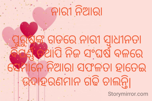 ନାରୀ ନିଆରା

ପୁରୁଷଙ୍କ ଗଡରେ ନାରୀ ସ୍ୱାଧୀନତା ବିପର୍ଣ୍ଣ ତଥାପି ନିଜ ସଂଘର୍ଷ ବଳରେ ସେମାନେ ନିଆରା ସଫଳତା ହାତେଇ ଉଦାହରଣମାନ ଗଢି ଚାଲନ୍ତି|