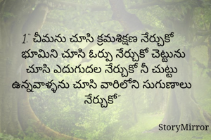 1.“ చీమను చూసి క్రమశిక్షణ నేర్చుకో 
 భూమిని చూసి ఓర్పు నేర్చుకో చెట్టును చూసి ఎదుగుదల నేర్చుకో నీ చుట్టు ఉన్నవాళ్ళను చూసి వారిలోని సుగుణాలు నేర్చుకో”