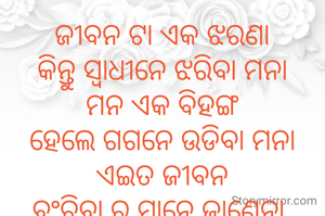 ଜୀବନ ଟା ଏକ ଝରଣା
କିନ୍ତୁ ସ୍ୱାଧୀନେ ଝରିବା ମନା
ମନ ଏକ ବିହଙ୍ଗ
ହେଲେ ଗଗନେ ଉଡିବା ମନା
ଏଇତ ଜୀବନ
ବଂଚିବା ର ମାନେ ଜାଣେନା 