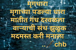 मृगधारा
मृगाच्या पडल्या धारा
मातीत गंध दरवळला
  वाऱ्याची संथ झुळूक
मदमस्त करी मनाला
                 ..🖋️chb