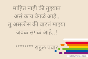 माहित नाही की तुझ्यात
असं काय वेगळं आहे..
तू असलीस की वाटतं माझ्या
जवळ सगळं आहे..!

°°°°°°°° राहुल पवार