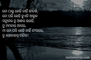 ତୋ ଠାରୁ କେହି ନାହିଁ ଶୀତଳ,
ତୋ ପରି କେହି ହୁଏନି ଆକୁଳ
ସନ୍ତାନର ତୁ ଆନ୍ଧର ଲଉଡ଼ି,
ତୁ ମମତାର ଆସର,
ମା ତୋ ପରି କେହି ନାହିଁ ସଂସାରେ,
ତୁ ସେନେହର ମନ୍ଦିର।