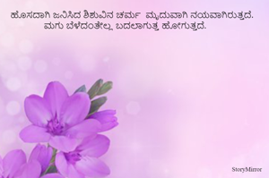 ಹೊಸದಾಗಿ ಜನಿಸಿದ ಶಿಶುವಿನ ಚರ್ಮ  ಮೃದುವಾಗಿ ನಯವಾಗಿರುತ್ತದೆ.  ಮಗು ಬೆಳೆದಂತೇಲ್ಲ ಬದಲಾಗುತ್ತ ಹೋಗುತ್ತದೆ. 



