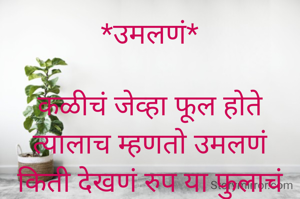 *उमलणं*

कळीचं जेव्हा फूल होते
त्यालाच म्हणतो उमलणं
किती देखणं रुप या फुलाचं
जेव्हा पाहतात त्याचं फुलणं....

*वसुधा नाईक,पुणे*
