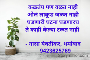 ।। घटना ।।

कळतंय पण वळत नाही
ओलं लाकूड जळत नाही
घडणारी घटना घडणारच
ते काही केल्या टळत नाही 

- नासा येवतीकर, धर्माबाद
   9423625769