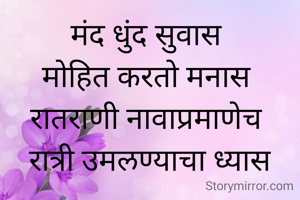 मंद धुंद सुवास 
मोहित करतो मनास 
रातराणी नावाप्रमाणेच 
रात्री उमलण्याचा ध्यास