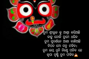 ତୁମ ଶ୍ରୀଭୂଜ କୁ ଆଶ୍ରା କରିଅଛି 
ବାହୁ ତୋଳି ତୁମେ ଧରିବ
ତୁମ ସୁଦର୍ଶନେ ଆଶା ବାନ୍ଧିଅଛି
ବିପଦ ମୋ ସବୁ ଟଳିବ।
ତୁମ ଜୟ ଧ୍ବନି ନିଶ୍ଚେ ପଡିବ ହେ
କୃପା ଦୃଷ୍ଟି ତୁମ ଫଳିବ🙏