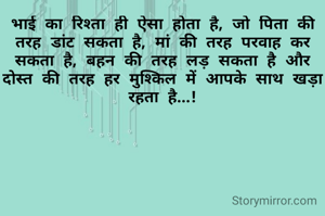 भाई का रिश्ता ही ऐसा होता है, जो पिता की तरह डांट सकता है, मां की तरह परवाह कर सकता है, बहन की तरह लड़ सकता है और अच्छे जिगरी दोस्त की तरह हर मुश्किल में आपके साथ खड़ा रहता है...!