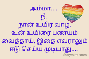 அம்மா.... 
நீ, 
நான் உயிர் வாழ,
உன் உயிரை பணயம் வைத்தாய், இதை எவராலும் ஈடு செய்ய முடியாது.... 