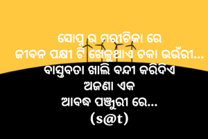 ସୋପ୍ନ ର ମରୀଚିକା ରେ
ଜୀବନ ପକ୍ଷୀ ଟି ଖେଳୁଥାଏ ଚକା ଭଉଁରୀ...
ବାସ୍ତବତା ଖାଲି ବନ୍ଦୀ କରିଦିଏ
ଅଜଣା ଏକ
ଆବଦ୍ଧ ପଞ୍ଜୁରୀ ରେ...
(s@t)