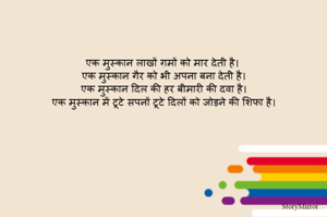 एक मुस्कान लाखों ग़मों को मार देती है।  
एक मुस्कान गैर को भी अपना बना देती है। 
एक मुस्कान दिल की हर बीमारी की दवा है। 
एक मुस्कान में टूटे सपनों टूटे दिलों को जोड़ने की शिफा है। 