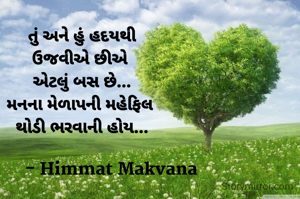 તું અને હું હદયથી
ઉજવીએ છીએ 
એટલું બસ છે...
મનના મેળાપની મહેફિલ 
થોડી ભરવાની હોય...

             - Himmat Makvana