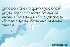 ବୃକ୍ଷରେ ଥିବା ପର୍ଯ୍ଯନ୍ତ ଫଳ ସୁରକ୍ଷିତ ଅନୁଭବ କରେ ଓ ବୃକ୍ଷଚ୍ଯୁତ ହେବା ପରେ ତା ଭବିଷ୍ଯତ ବିଷୟରେ ସେ ସନ୍ଦୀହାନ। ପରିବାର ଏକ ବୃ କ୍ଷ ପରି ଓ ମନୁଷ୍ଯ ଏକ ଫଳ। ପରିବାରହୀନ ମନୁଷ୍ଯର ଭବିଷ୍ଯତ କଣ ତାହା ସହଜରେ ଅନୁମେୟ।