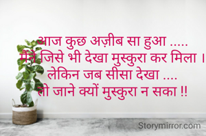 आज कुछ अज़ीब सा हुआ .....
मैंने जिसे भी देखा मुस्कुरा कर मिला ।
लेकिन जब सीसा देखा ....
तो जाने क्यों मुस्कुरा न सका !!