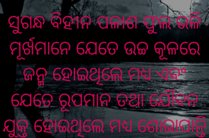 ସୁଗନ୍ଧ ବିହୀନ ପଳାଶ ଫୁଲ ଭଳି ମୂର୍ଖମାନେ ଯେତେ ଉଚ୍ଚ କୂଳରେ ଜନ୍ମ ହୋଇଥିଲେ ମଧ୍ୟ ଏବଂ ଯେତେ ରୂପମାନ ତଥା ଯୌବନ ଯୁକ୍ତ ହୋଇଥିଲେ ମଧ୍ୟ ଶୋଭାପାନ୍ତି ନାହିଁ
