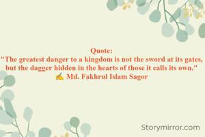 Quote:
"The greatest danger to a kingdom is not the sword at its gates, but the dagger hidden in the hearts of those it calls its own."
✍️ Md. Fakhrul Islam Sagor

 