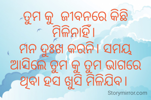 ତୁମ କୁ  ଜୀବନରେ କିଛି ମିଳିନାହିଁ। 
ମନ ଦୁଃଖ କରନି। ସମୟ ଆସିଲେ ତୁମ କୁ ତୁମ ଭାଗରେ  ଥିବା ହସ ଖୁସି ମିଳିଯିବ। 
