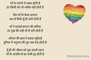 
माँ के चरणों में जन्नत होती है
हर किसी को जो नसीब नहीं होती है

बिन माँ के कैसा बचपन
उम्र वो सिर्फ यूँ ही कटी होती है

माँ ने सजाई बचपन की बगिया
हर दुख की घड़ी माँ से डरी होती है

आँचल की छाव ने ठंडक पहुँचाई
दुनिया में अनुभव की धूप जब तेज़ होती है

यूँ ही मेरे जीवन को पूरा करती रहना
माँ के आशीष से हर कमी दूर होती है
