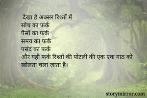  देखा है अक्सर रिश्तों में  
सोच का फर्क
पैसों का फर्क
समय का फर्क
पसंद का फर्क
और यही फर्क रिश्तों की पोटली की एक एक गाठ को
खोलता चला जाता है।
