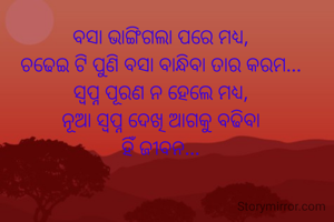 ବସା ଭାଙ୍ଗିଗଲା ପରେ ମଧ୍ୟ, 
ଚଢେଇ ଟି ପୁଣି ବସା ବାନ୍ଧିବା ତାର କରମ... 
ସ୍ବପ୍ନ ପୂରଣ ନ ହେଲେ ମଧ୍ୟ, 
ନୂଆ ସ୍ବପ୍ନ ଦେଖି ଆଗକୁ ବଢିବା 
ହିଁ ଜୀବନ... 
 