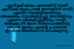 എനിക്ക് ജന്മം തന്നതിന് നന്ദി!
എനിക്ക് മുലപാൽ തന്നതിന് നന്ദി!
എന്നെ നടത്തിയതിനും
അക്ഷരം നാവിലിറ്റിച്ചു തന്നതിനും 
എന്നെ ശിക്ഷിച്ചതിനും നന്ദി!.
അമ്മേ നീ തന്ന സ്നേഹത്തിനു ഞാൻ ഇതാ എന്റെ പ്രാണൻ ഇവിടെ അടിയറവ് വെക്കുന്നു.