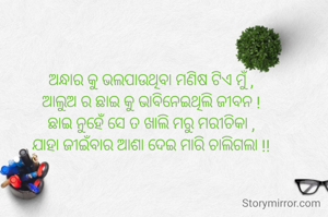 ଅନ୍ଧାର କୁ ଭଲପାଉଥିବା ମଣିଷ ଟିଏ ମୁଁ ,
ଆଲୁଅ ର ଛାଇ କୁ ଭାବିନେଇଥିଲି ଜୀବନ !
ଛାଇ ନୁହେଁ ସେ ତ ଖାଲି ମରୁ ମରୀଚିକା ,
ଯାହା ଜୀଇଁବାର ଆଶା ଦେଇ ମାରି ଚାଲିଗଲା !!
