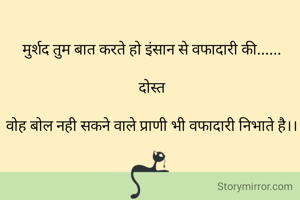 मुर्शद तुम बात करते हो इंसान से वफादारी की......

दोस्त

वोह बोल नही सकने वाले प्राणी भी वफादारी निभाते है।।