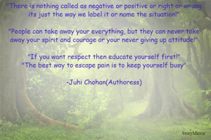 "There is nothing called as negative or positive or right or wrong its just the way we label it or name the situation!"
"People can take away your everything, but they can never take away your spirit and courage or your never giving up attitude!"
"If you want respect then educate yourself first!"
"The best way to escape pain is to keep yourself busy"
-Juhi Chohan(Authoress)
