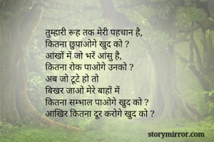 तुम्हारी रूह तक मेरी पहचान है,
कितना छुपाओगे खुद को ?
आंखों में जो भरें आंसु है,
कितना रोक पाओगे उनको ?
अब जो टूटे हो तो
बिखर जाओ मेरे बाहों में
कितना सम्भाल पाओगे खुद को ?
आखिर कितना दूर करोगे खुद को ? 