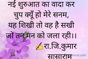 नई शुरुआत का वादा कर
चुप क्यूँ हो मेरे सनम,
यह शिखी तो वह है सखी
जो तन मन को जला रही।।
                ✍रा.जि.कुमार 
                     सासाराम  
