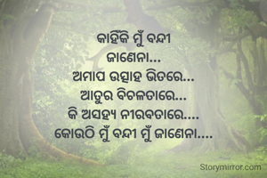 କାହିଁକି ମୁଁ ବନ୍ଦୀ
ଜାଣେନା...
ଅମାପ ଉତ୍ସାହ ଭିତରେ...
ଆତୁର ବିଚଳତାରେ...
କି ଅସହ୍ୟ ନୀରବତାରେ....
କୋଉଠି ମୁଁ ବନ୍ଦୀ ମୁଁ ଜାଣେନା....
