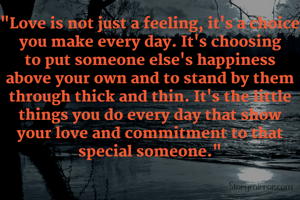 "Love is not just a feeling, it's a choice you make every day. It's choosing to put someone else's happiness above your own and to stand by them through thick and thin. It's the little things you do every day that show your love and commitment to that special someone."