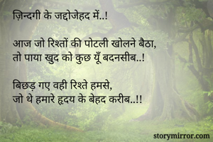 ज़िन्दगी के जद्दोजेहद में..!

आज जो रिश्तों की पोटली खोलने बैठा,
तो पाया खुद को कुछ यूँ बदनसीब..!

बिछड़ गए वही रिश्ते हमसे,
जो थे हमारे हृदय के बेहद करीब..!!