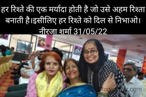 हर रिश्ते की एक मर्यादा होती है जो उसे अहम रिश्ता बनाती है।इसीलिए हर रिश्ते को दिल से निभाओ।
नीरजा शर्मा 31/05/22
