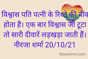 विश्वास पति पत्नी के रिश्ते की नींव होता है। एक बार विश्वास जो टूटा तो सारी दीवारें लड़खड़ा जाती हैं।
नीरजा शर्मा 20/10/21