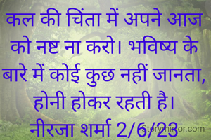कल की चिंता में अपने आज को नष्ट ना करो। भविष्य के बारे में कोई कुछ नहीं जानता, होनी होकर रहती है।
नीरजा शर्मा 2/6/23