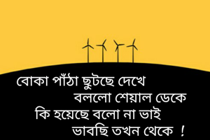 বোকা পাঁঠা ছুটছে দেখে
                             বললো শেয়াল ডেকে
          কি হয়েছে বলো না ভাই
                            ভাবছি তখন থেকে  !