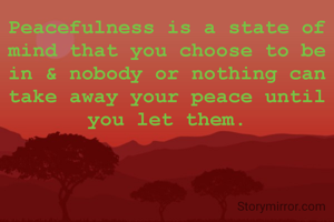 Peacefulness is a state of mind that you choose to be in & nobody or nothing can take away your peace until you let them.