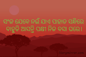 ସଂଜ ଯେବେ ନଇଁ ଯାଏ ପାହାଡ ସନ୍ଧିରେ 
ବାହୁଡି ଆସନ୍ତି ପକ୍ଷୀ ନିଜ ବସା ଘରେ।