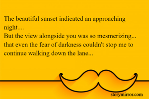 The beautiful sunset indicated an approaching night....
But the view alongside you was so mesmerizing...
that even the fear of darkness couldn't stop me to continue walking down the lane...