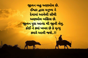 જીવન બહુ અણમોલ છે. 
ઈશ્વર દ્વારા મનુષ્ય ને 
દેવામાં આવેલી સૌથી 
અણમોલ બક્ષિસ છે. 
જીવન પુરા આનંદ થી જીવી લેવુ. 
કોઈ ને ક્યાં ખબર છે કે મૃત્યુ 
ક્યારે આવી જશે..!!