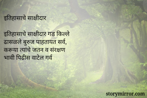 इतिहासाचे साक्षीदार

इतिहासाचे साक्षीदार गड किल्ले
ढासळले बुरुज पाहतायत सर्व,
करूया त्यांचे जतन व संरक्षण
भावी पिढीस वाटेल गर्व
